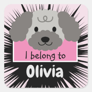 Cute Grey Poodle Buddy with Pink Personalised Square Sticker
