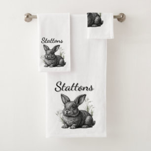 Cute Grey Rabbit against a Blue Sky Personal Name Bath Towel Set