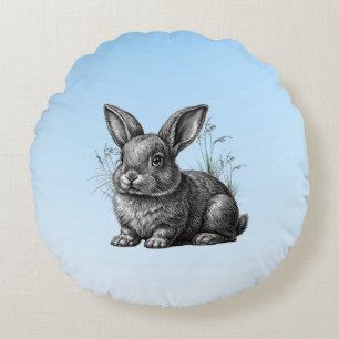 Cute Grey Rabbit against a Blue Sky Round Cushion