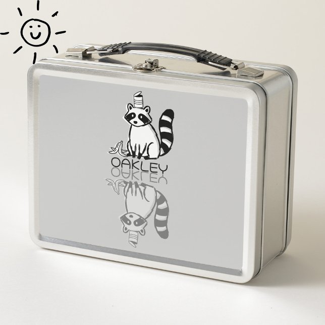 Cute Grey Racoon Reflection Doodle Custom Name Metal Lunch Box (Creator Uploaded)