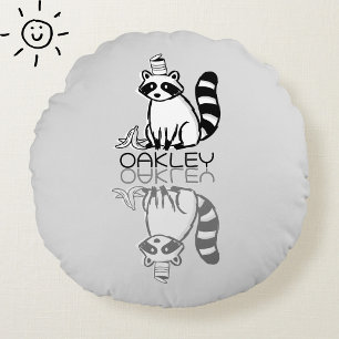 Cute Grey Racoon Reflection Doodle Custom Name Round Cushion