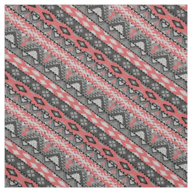 Cute grey red aztec pattern design fabric (Swatch)