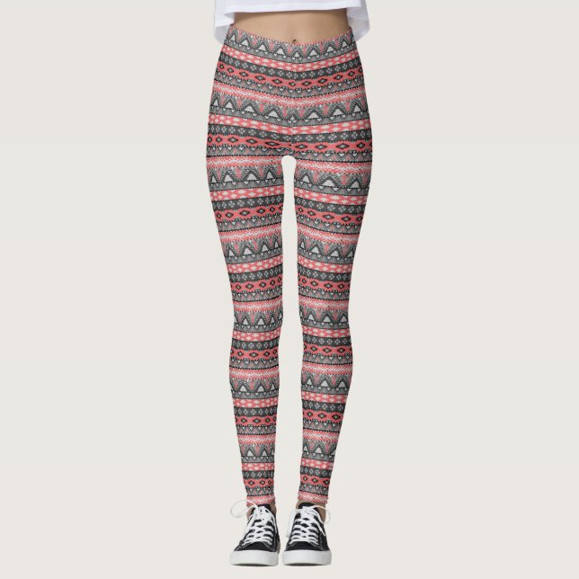 Cute grey red aztec pattern design leggings (Front)