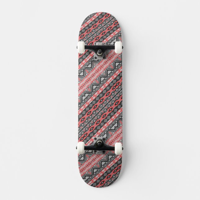 Cute grey red aztec pattern design skateboard (Front)