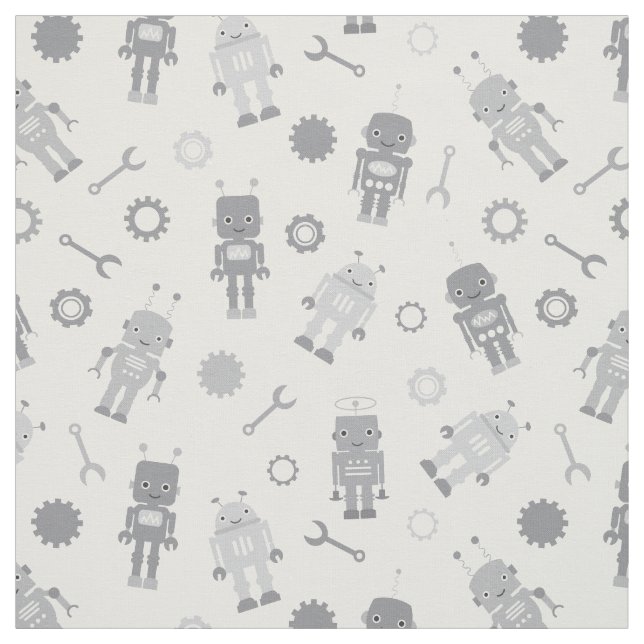 Cute Grey Robots Baby Nursery Fabric (Swatch)