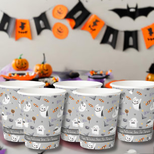 Cute Grey Spooky Ghost Halloween Pattern  Paper Cups