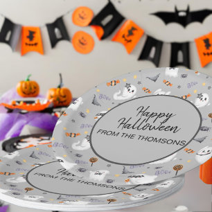 Cute Grey Spooky Ghost Halloween Pattern Paper Plate
