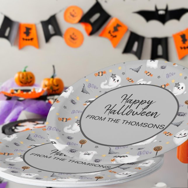 Cute Grey Spooky Ghost Halloween Pattern  Paper Plate (Creator Uploaded)