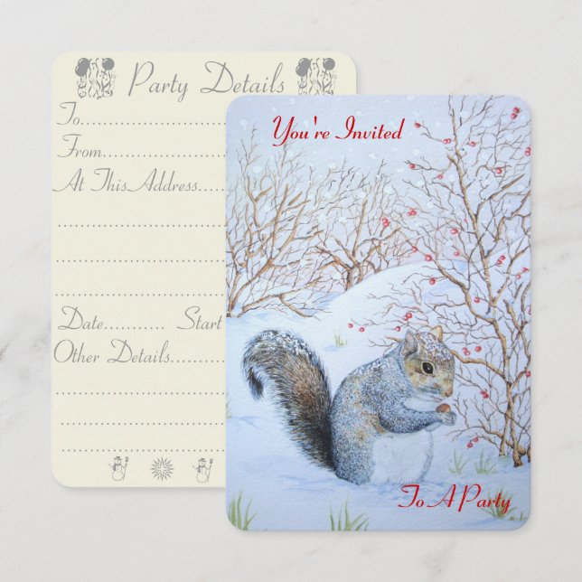 cute grey squirrel snow scene original wildlife invitation (Front/Back)