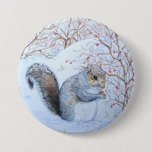 cute grey squirrel snow scene wildlife art 7.5 cm round badge