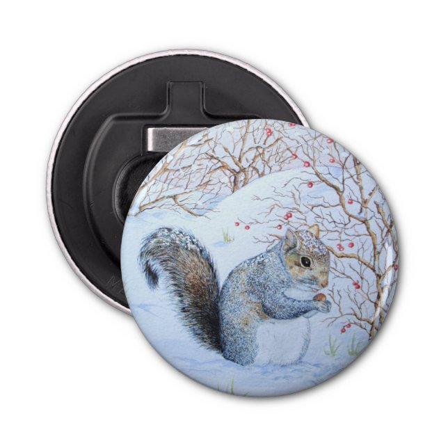 cute grey squirrel snow scene wildlife art bottle opener (Front)