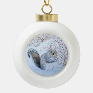 cute grey squirrel snow scene wildlife art ceramic ball christmas ornament