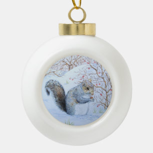 cute grey squirrel snow scene wildlife art ceramic ball christmas ornament