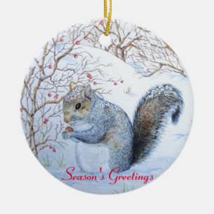 cute grey squirrel snow scene wildlife art ceramic tree decoration