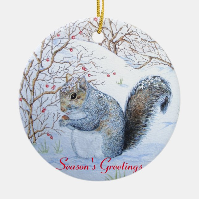 cute grey squirrel snow scene wildlife art ceramic tree decoration (Front)