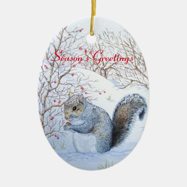 cute grey squirrel snow scene wildlife art ceramic tree decoration (Front)
