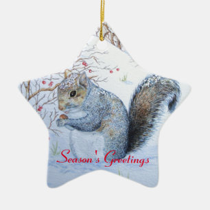 cute grey squirrel snow scene wildlife art ceramic tree decoration
