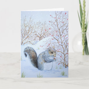 cute grey squirrel snow scene wildlife art holiday card