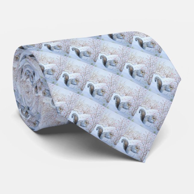 cute grey squirrel snow scene wildlife christmas tie (Rolled)