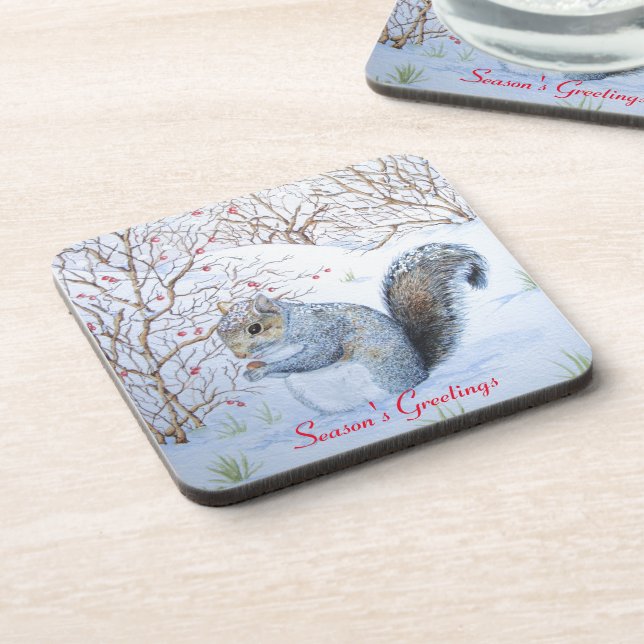 cute grey squirrel snow scene wildlife  coaster (Left Side)