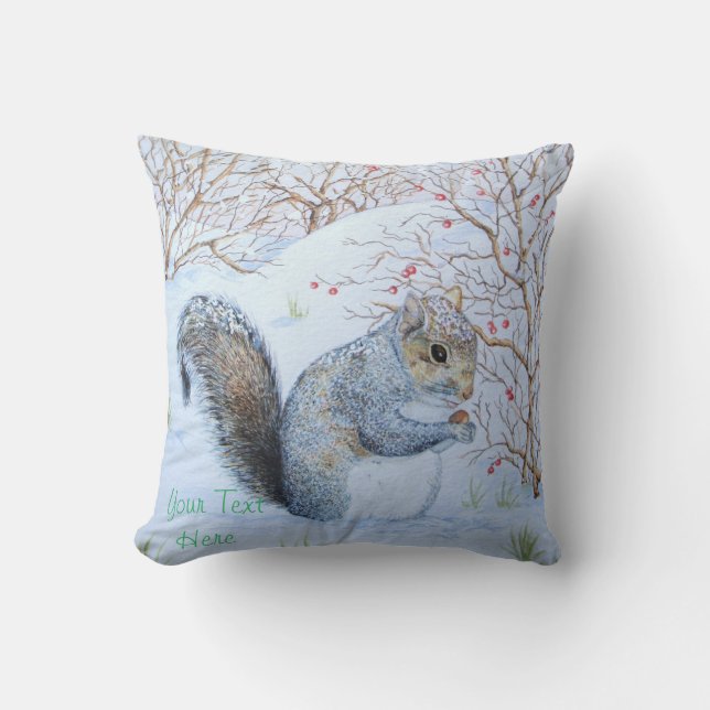 cute grey squirrel snow scene wildlife cushion (Front)