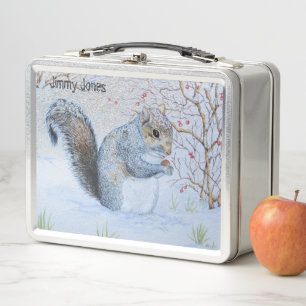 cute grey squirrel snow scene wildlife  metal lunch box