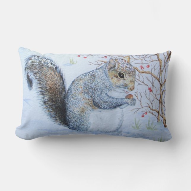 cute grey squirrel winter snow scene wildlife lumbar cushion (Front)