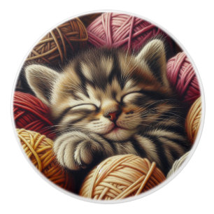 Cute Grey Striped Kitten Napping in Yarn Ceramic Knob