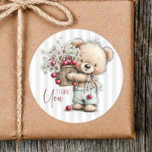 Cute Grey Stripes Teddy Daisy Cherry Thank You Classic Round Sticker