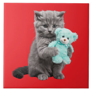 Cute Grey Tabby and Teddy Bear Tile