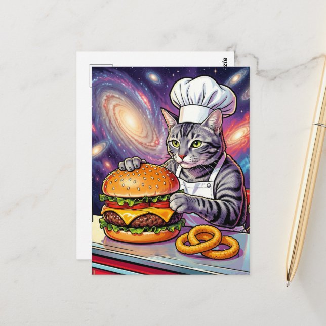Cute Grey Tabby Cat Chef Making Cheeseburger Postcard (Front/Back In Situ)