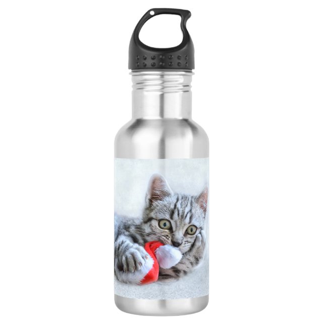 Cute Grey Tabby Cat Christmas Hat Xmas 532 Ml Water Bottle (Front)