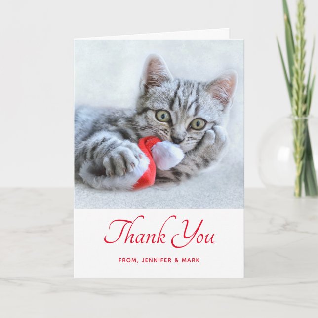 Cute Grey Tabby Cat Christmas Hat Xmas Card (Front)