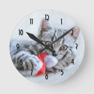 Cute Grey Tabby Cat Christmas Hat Xmas Round Clock