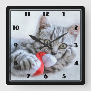 Cute Grey Tabby Cat Christmas Hat Xmas Square Wall Clock