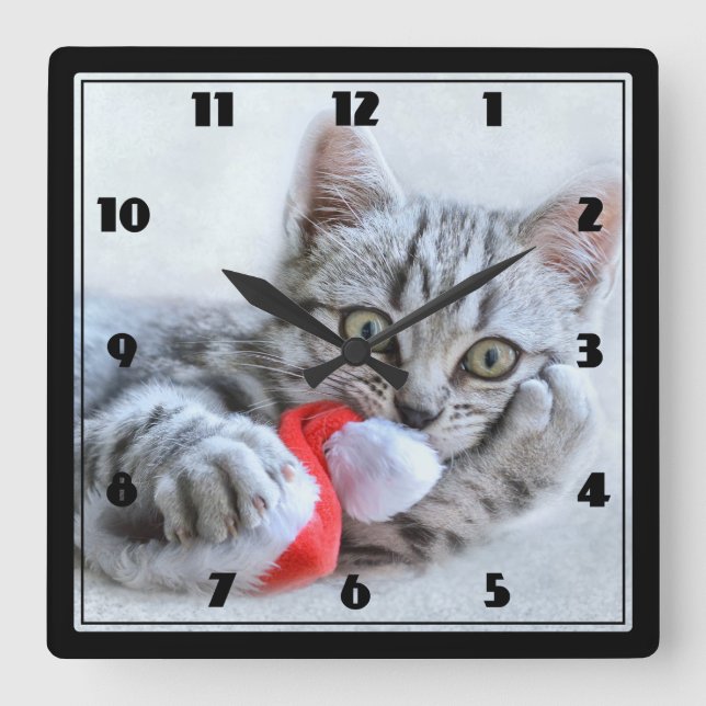 Cute Grey Tabby Cat Christmas Hat Xmas Square Wall Clock (Front)