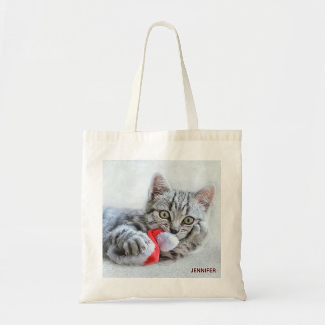 Cute Grey Tabby Cat Christmas Hat Xmas Tote Bag (Front)