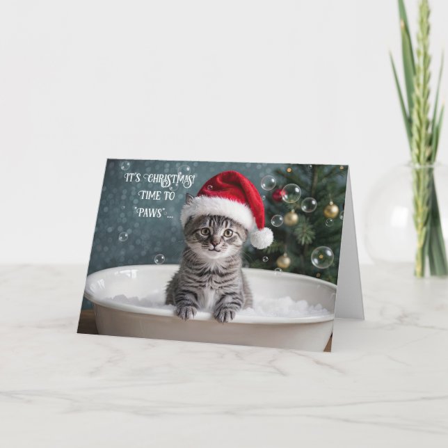 Cute Grey Tabby Cat in a Bubble Bath Santa Hat Card (Front)