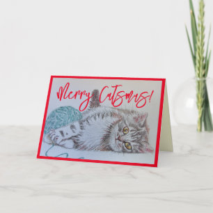 Cute Grey Tabby Cat Kitten Art Christmas Card
