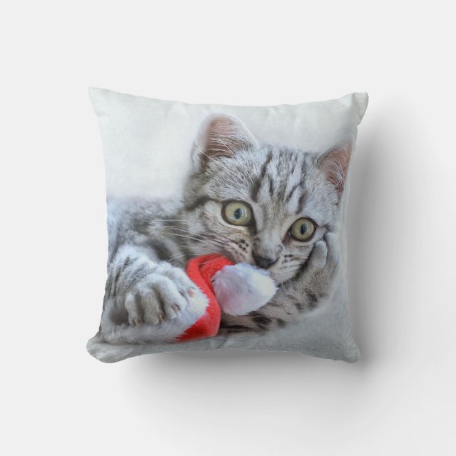 Cute Grey Tabby Cat w/ Christmas Hat Xmas Cushion (Front)