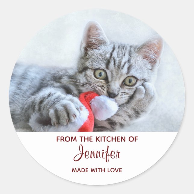 Cute Grey Tabby Cat w/ Christmas Hat Xmas Kitchen Classic Round Sticker (Front)