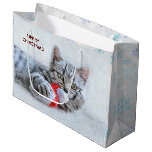 Cute Grey Tabby Cat w/ Christmas Hat Xmas Large Gift Bag