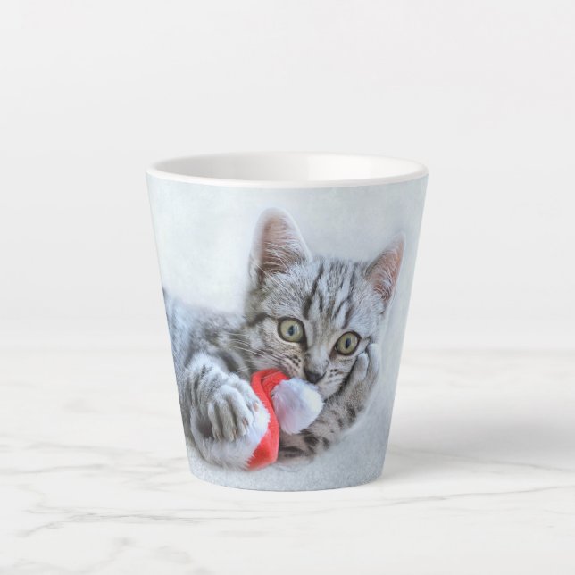 Cute Grey Tabby Cat w/ Christmas Hat Xmas Latte Mug (Front)