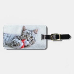 Cute Grey Tabby Cat w/ Christmas Hat Xmas Luggage Tag