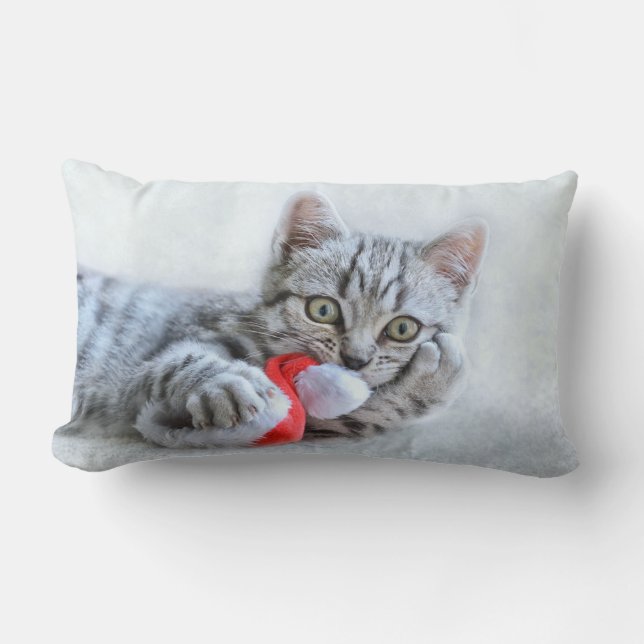 Cute Grey Tabby Cat w/ Christmas Hat Xmas Lumbar Cushion (Front)