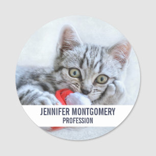 Cute Grey Tabby Cat w/ Christmas Hat Xmas Name Tag