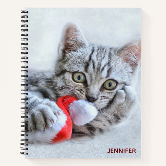 Cute Grey Tabby Cat w/ Christmas Hat Xmas Notebook (Front)
