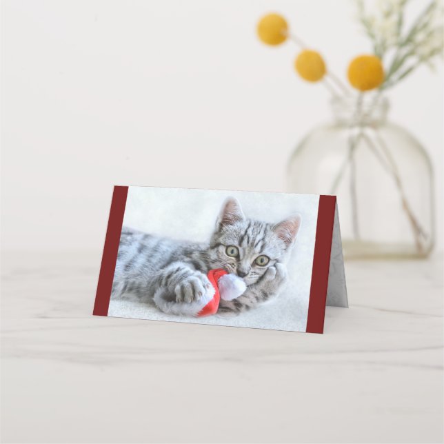 Cute Grey Tabby Cat w/ Christmas Hat Xmas Place Card (Front)