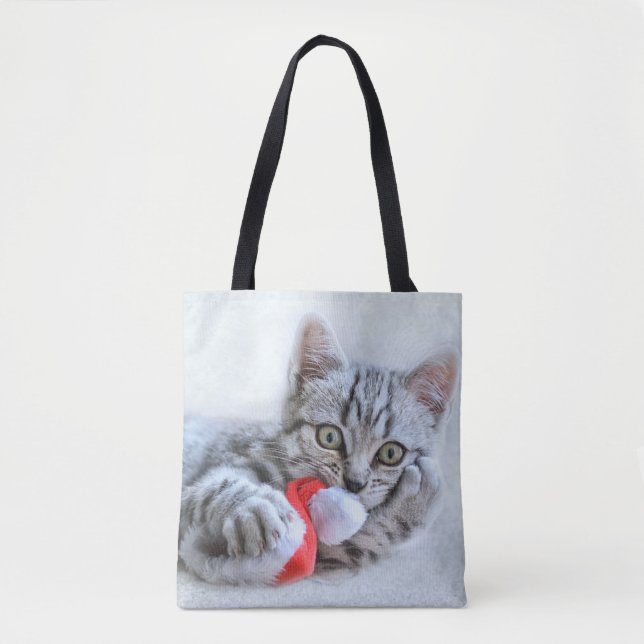 Cute Grey Tabby Cat w/ Christmas Hat Xmas Tote Bag (Front)