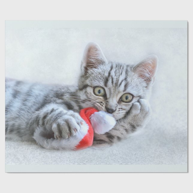 Cute Grey Tabby Cat w/ Christmas Hat Xmas Wrapping Paper (Flat)